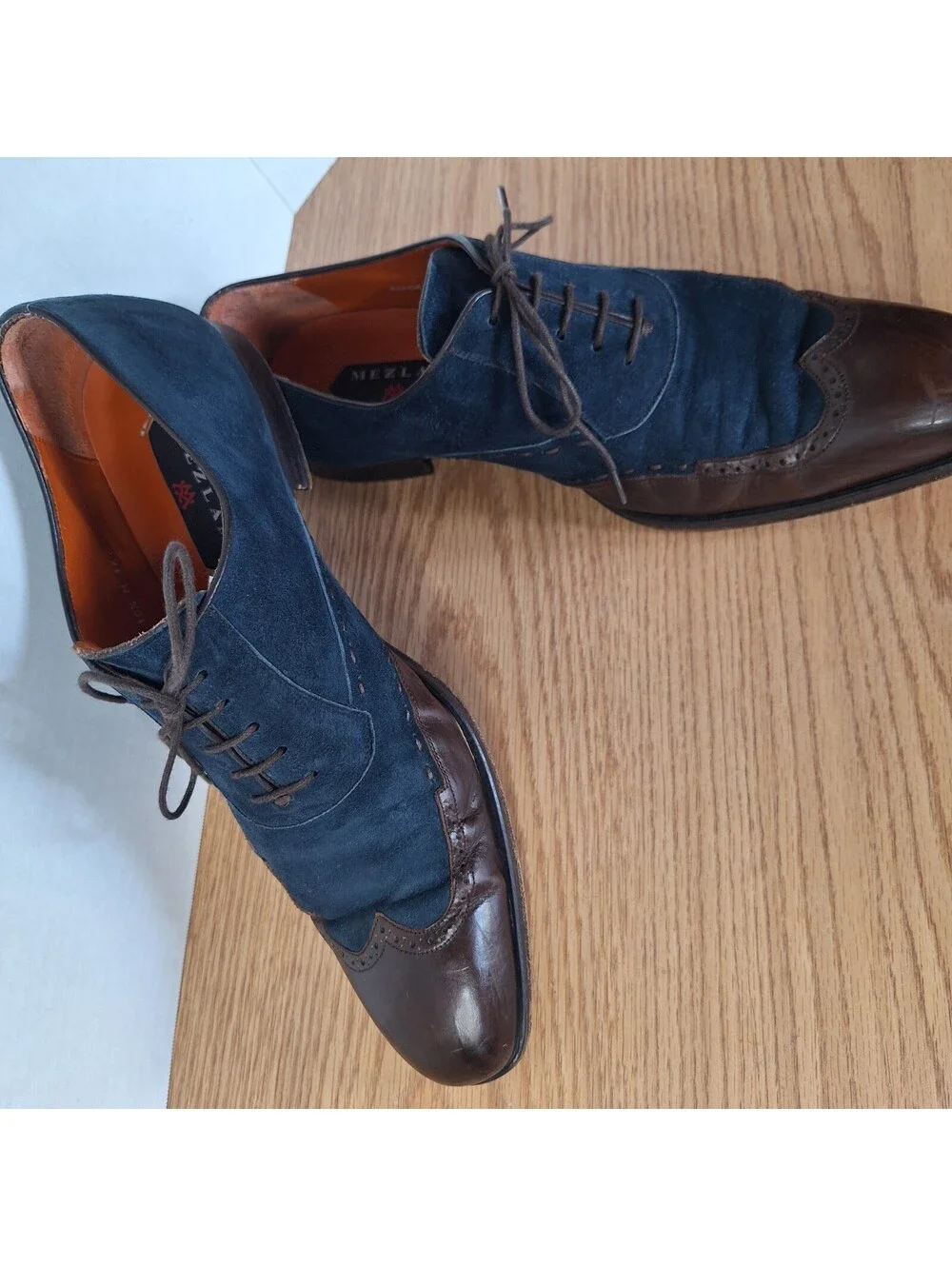 MEZLAN Men's 10.5 M Blue Suede Brown Leather Wingtip Oxford Dress Shoes Spain